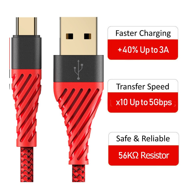 Kabel USB C 3.0, kabel USB typu C Rychlé nabíjení Kabel USB na mobilní telefon pro Samsung Galaxy S8, S9 Plus, Poznámka 8, LG v20, G6, G5, v30, Google Pixel 2 XL, Nexus 6-3 Pack Červený