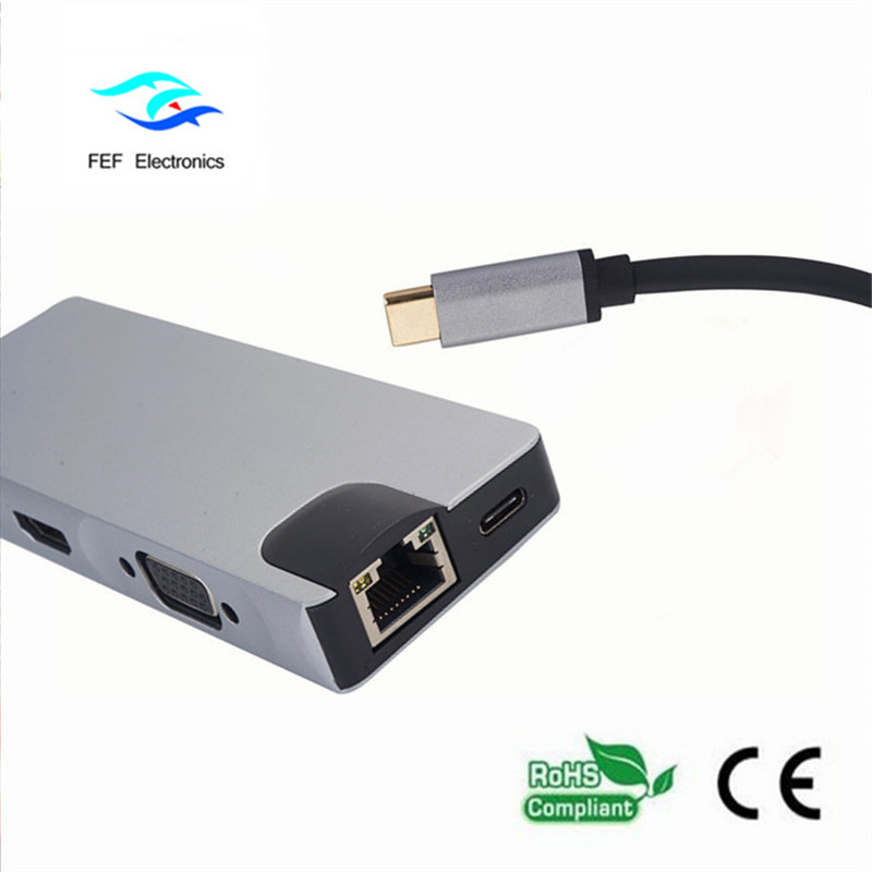 USB typ c / HDMI Female + VGA Female + 2 * USB3.0 Female + SD + TF + PD Kovové pouzdro