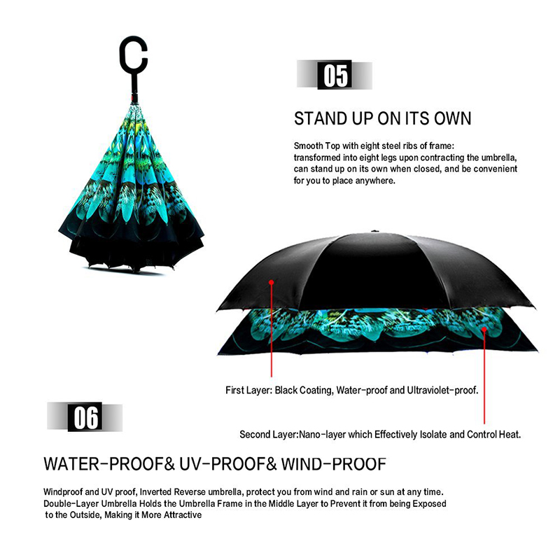 2019 nový design dvojité vrstvy uvnitř tiskové květiny obrácené vzhůru nohama rovný deštník