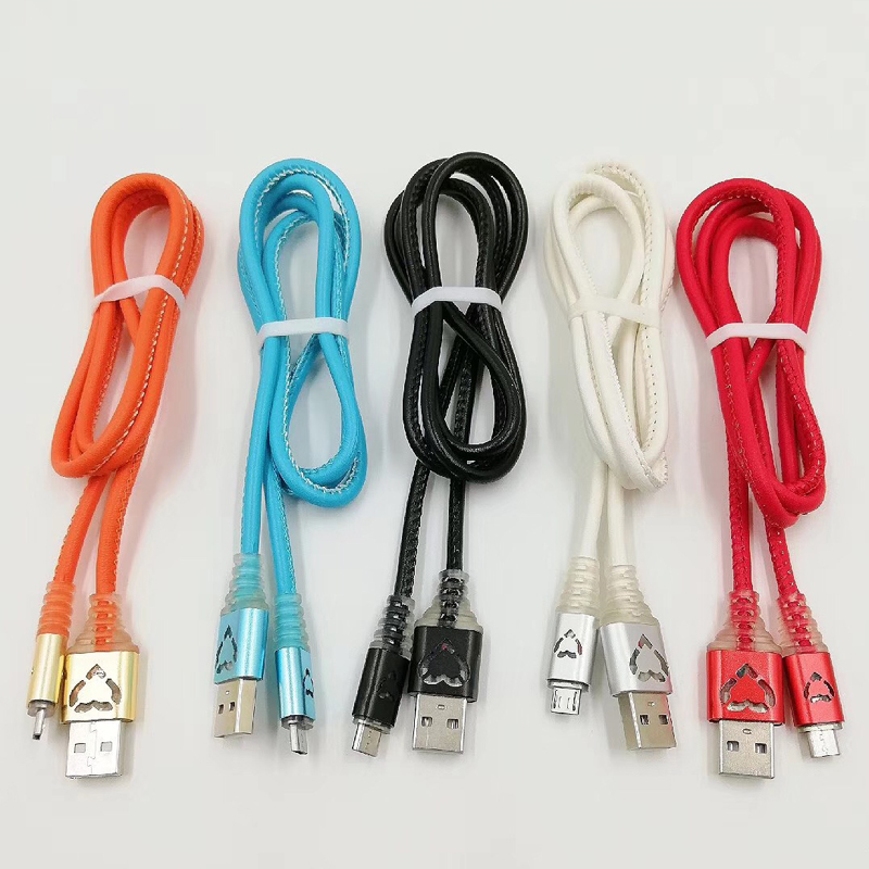 LED PU kůže Rychlé nabíjení kulatý hliníkový kryt USB kabel pro micro USB, typ C, nabíjení blesku iPhone a synchronizace