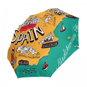 Větruvzdorný vlastní potisk pongee tkanina 2 sekce laminátová žebra automatický 3 skládací deštník