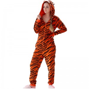 Dámské mikrovlákno Fleece s kapucí Tiger Onesie Pyžamový oblek