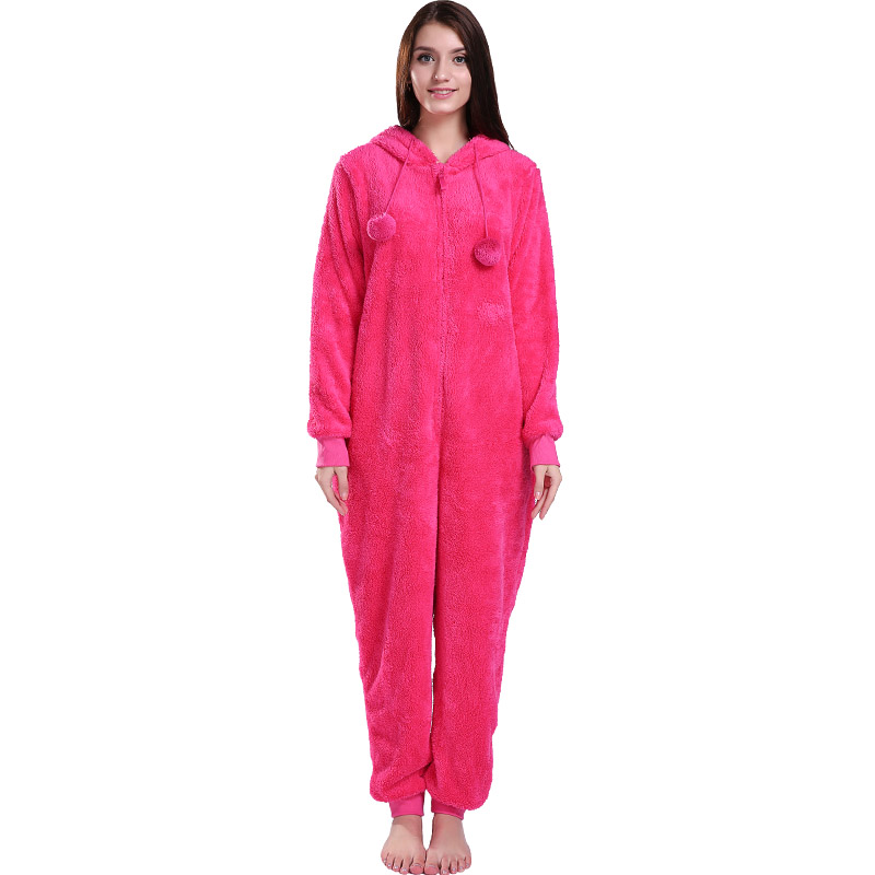 Ženy Hot Pink Onesie Pyžamo s kapucí se zvířecími ušima