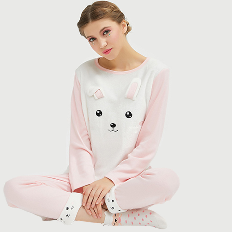 Ženy Flanel Fleece zvířecí vyšívací kočičí pyžamo Set