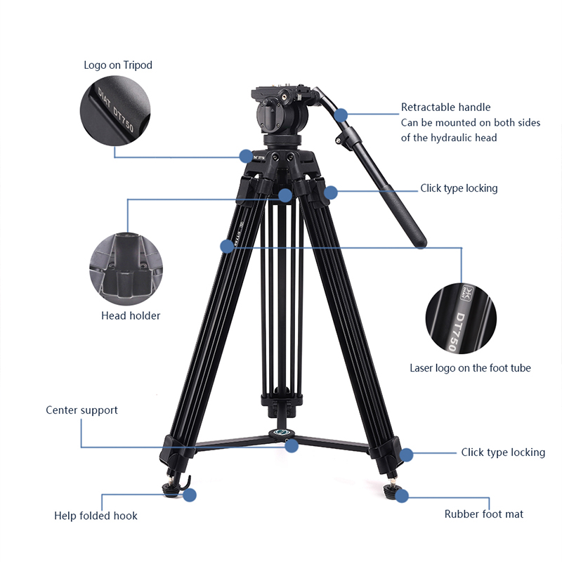 DIAT nový DT750 videokamera podporuje stativ tři sekce 1,7 metrů vysoké DSLR těžký stativ