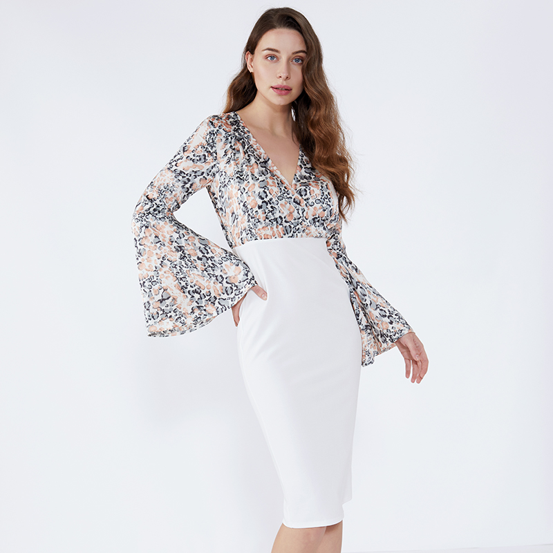 Bílé květinové pouzdro s vlnitým rukávem formální bodycon šaty 2019 ženy oblečení