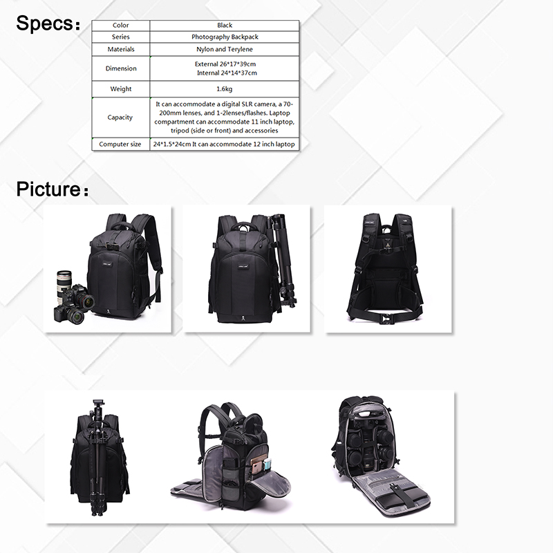 TH350 NOVINKA módní nylonový černý fotoaparát batoh cestovní cesta batoh přenosný počítač batoh