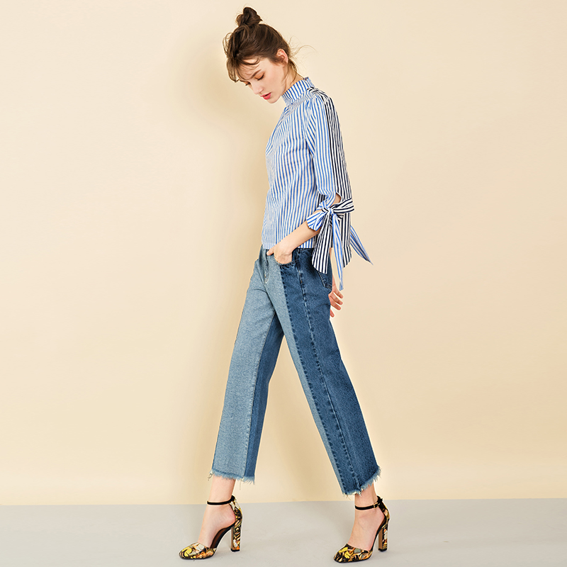 2019 New Arrival Fashion Rough Selvedge Hem Splicing Blue Džínové kalhoty Džíny Ženy