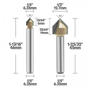 Frézovací vrták s 90 ° V drážkou, titanem potažený karbidový 2-drážkový CNC gravírovací vrták do dřeva, zkosená fréza, stopka 1/4 palce