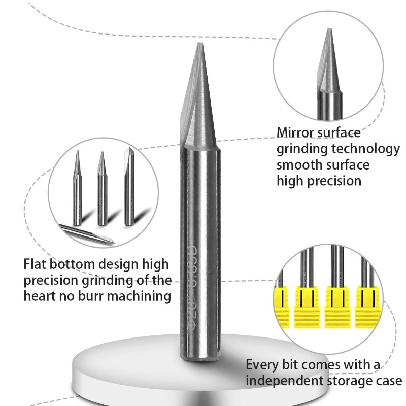 Gravírovací bity, 2 drážky, přímý CNC V-bit, 1/4 palce, stopka, stopka, kónické gravírování, frézka, nástroj pro ocel, hliník, mosaz, MDF, dřevo