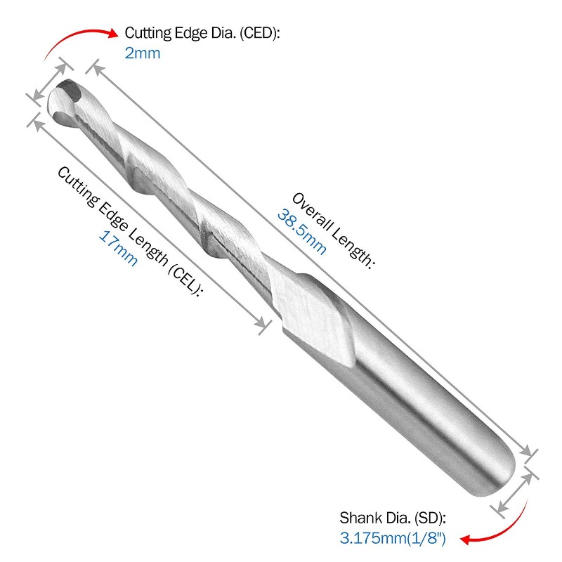 CNC frézovací vrták s kuželovou stopkou 1/8 ”, stopka 2 mm, průměr řezu prům. 2-drážková spirálová frézovací fréza na gravírování, řezbářství, sada nástrojů, wolframová ocel 17 mm CEL, 38,5 mm OAL pro MDF akrylové dřevo PVC