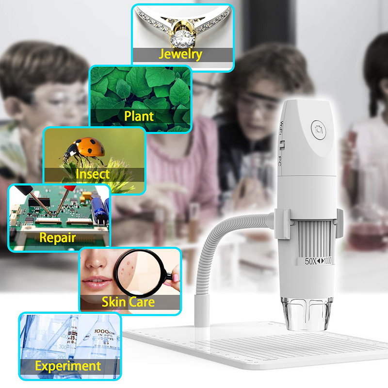 Bezdrátový digitální mikroskop 50x až 1000x, bezdrátový digitální mikroskop, flexibilní stojan pro pozorování paží s 1080p HD 2.0 MP 8 LED fotoaparátem, mini ruční mikroskop pro Android iOS PC