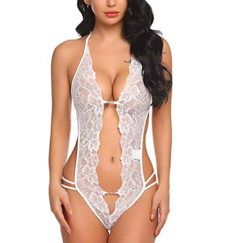 Sexy ženy Deep V Teddies Spodní prádlo Lace Babydoll Mini Bodysuit v bílé červené zelené růže-tým
