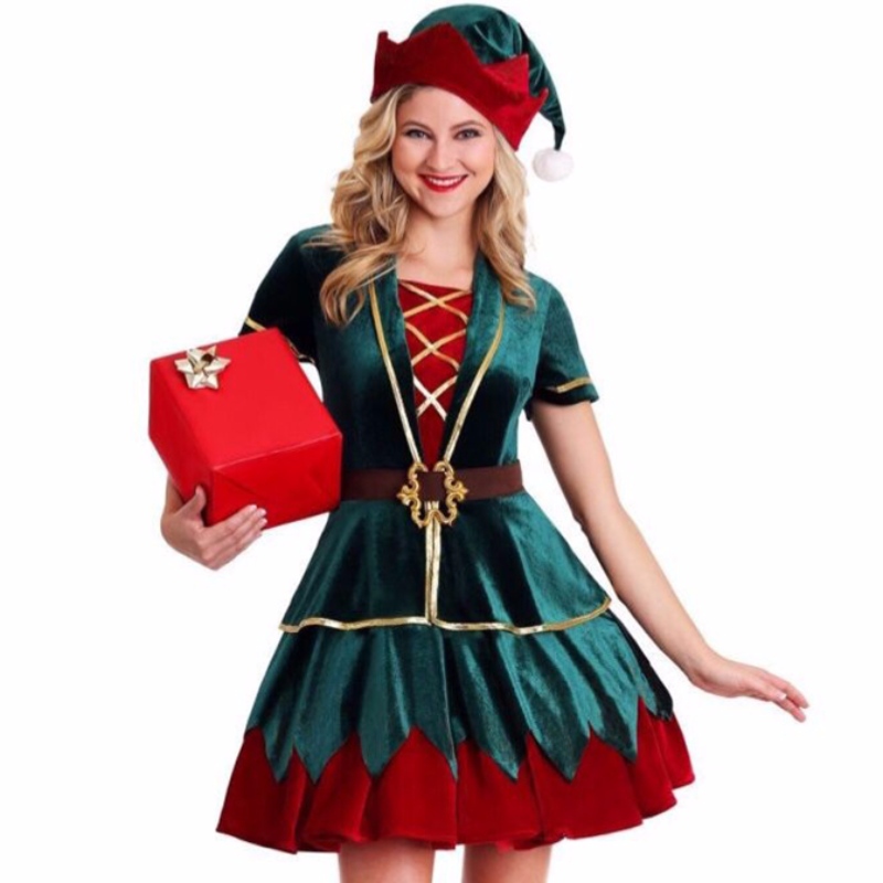 4ks Deluxe Elf vánoční party Holiday Velvet Mini šaty kostýmy s kloboukem