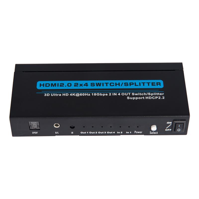 V2.0 HDMI 2x4 Switch / Splitter Podpora 3D Ultra HD 4Kx2K @ 60 Hz HDCP2.2