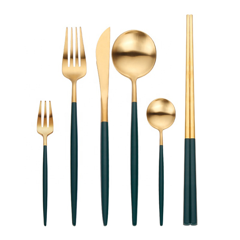 Zelená násada nerezové oceli svatba plná restaurace Matte Gold Spoon Fork knife Sada