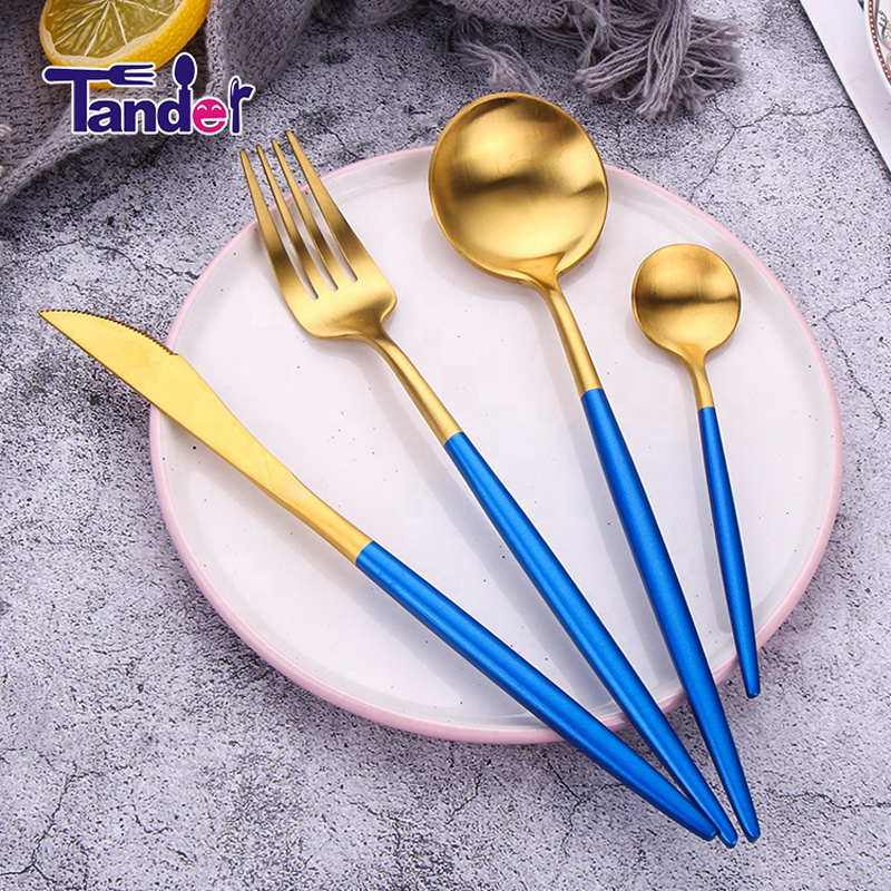 Tander korean style zlato flatware set z nerezové oceli modré rukojeť příbory set