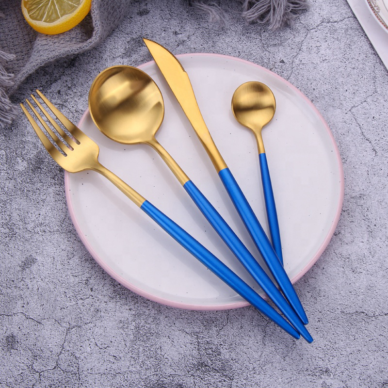 Tander korean style zlato flatware set z nerezové oceli modré rukojeť příbory set