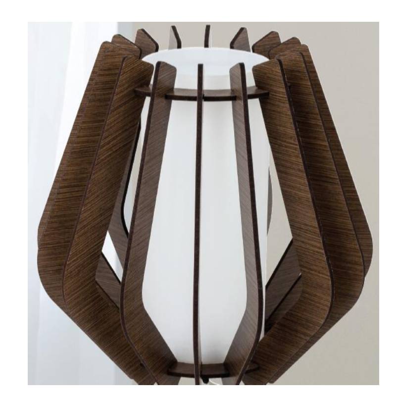 Tmavě hnědé dřevěné stolní lampa se skleněným stínem