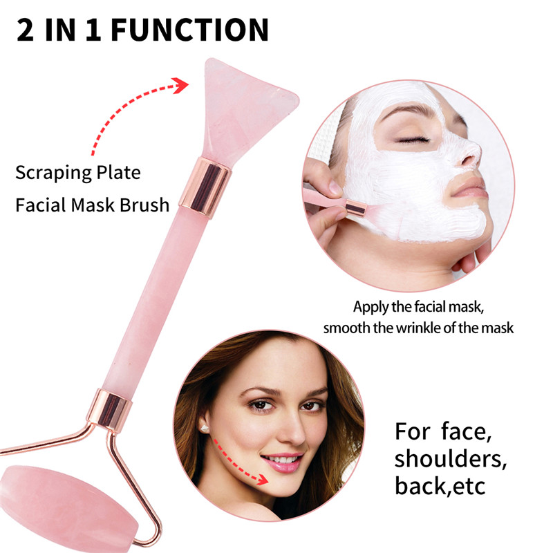 Jade Roller, 100% Rose Quartz Roller & Scraping Plate & Maska štětec a čištění obličeje kartáč 4 Funkční obličej masér pro čelní oko tělo