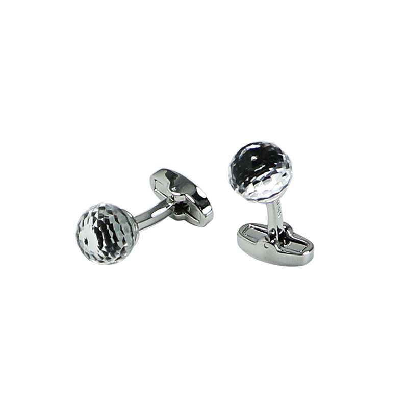 Crystal Round Faketball Silver Men's Cuff Links