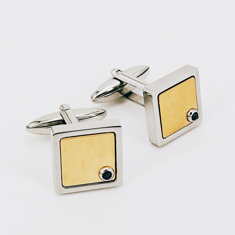 Pánské dvoubarevné pozlacené manžetové knoflíčky z nerezové oceli černý CZ kámen