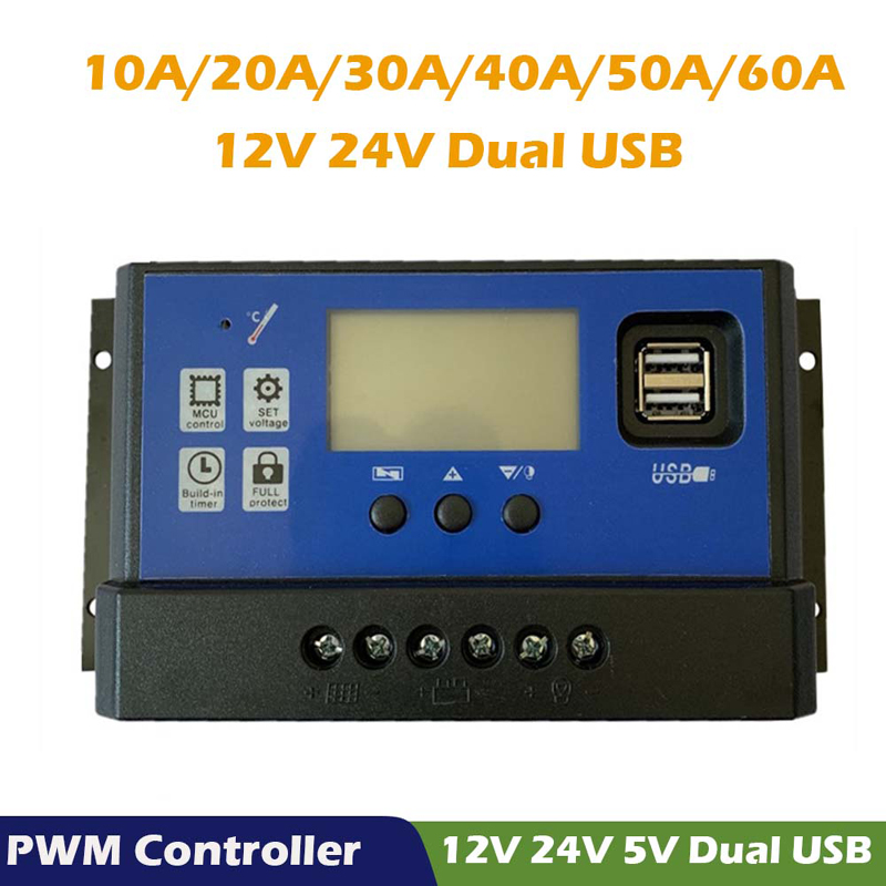 PWM Solárnínabíječka Controller 60A 50A 40A 30A 20A 10A 12V 24V 24Vnabíječka baterií LCD Dual USB Solární panel Regulátor MAX 50V PV INPUT