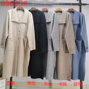 Módní ležérní pletený dlouhý svetr s vlněné klopy 69035n