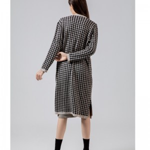 Módní příležitostné Joker QianbirdCheck vlněné pletené dlouhý svetrový kabát 69069n