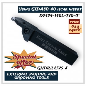 Nástroje pro řezání EMET, externí soustružnickénářadí, externí rozloučovací a drážkovénástroje, zejména pro obrábění kol, s použitím ISCAR GIDA80-40 INSERT, GHGR NL2525-8, GHGR NL2525-6