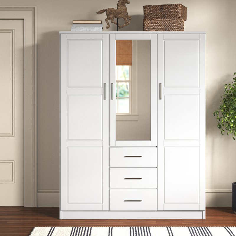 MWD22008-Solid Dřevo Rodinné šatní skříňncosetncoset, 3-dveřní skříň se zrcadlem a 3 zásuvkami, bílá.