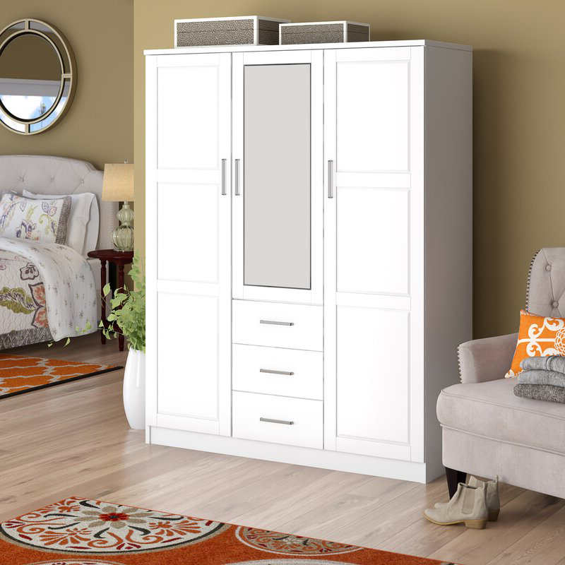 MWD22008-Solid Dřevo Rodinné šatní skříňncosetncoset, 3-dveřní skříň se zrcadlem a 3 zásuvkami, bílá.