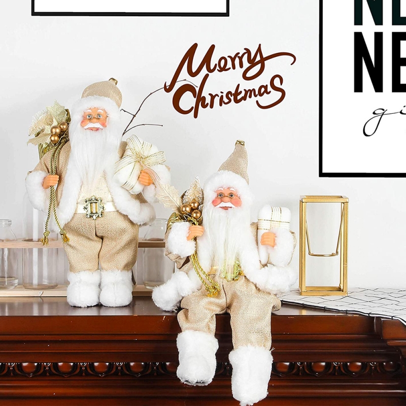 12inch sedící Zlatý Santa Claus figurka s dárkový pytel listy a boxna sobě bílé boty vánoční prázdninové dekorace