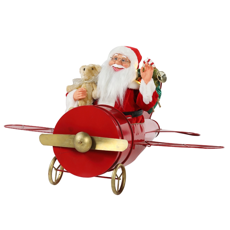 80cm vánoční hudební animovaný Santa Claus sedící červené letadlo dekorace figurka klasický svátek ornament dárky kolekce