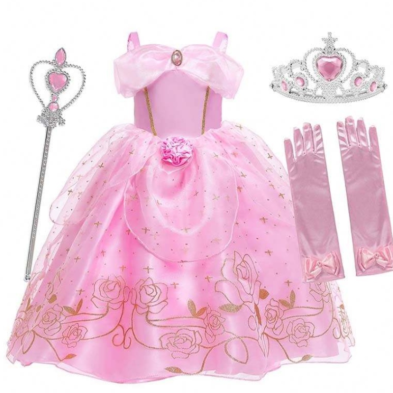 Kid Princess Dress Girl Letní ozdobná párty Párné oblečení Pink Princess Aurora kostým HCSP-012