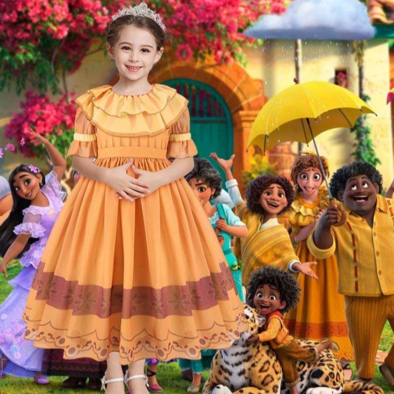 Baige Encanto Movie Mirabel Isabella Pepa Princess Costume pro dívky Performance Dress MFMW011