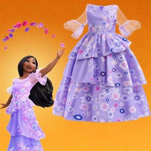 Hot Sale Kids Encanto Movie Costume Isabella cosplay fialová květinové dívky Silk Maxi dlouhé šaty