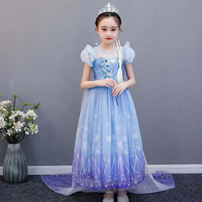 Baige 2021 Nová modrá Elsa Anna Girl Party Dress Cosplay Dresses Up Princess s ručně vyráběnýmnáhrdelníkem a dlouhým pláštěm