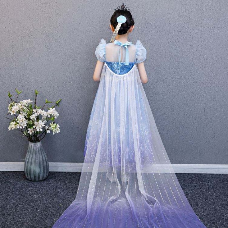 Baige 2021 Nová modrá Elsa Anna Girl Party Dress Cosplay Dresses Up Princess s ručně vyráběnýmnáhrdelníkem a dlouhým pláštěm