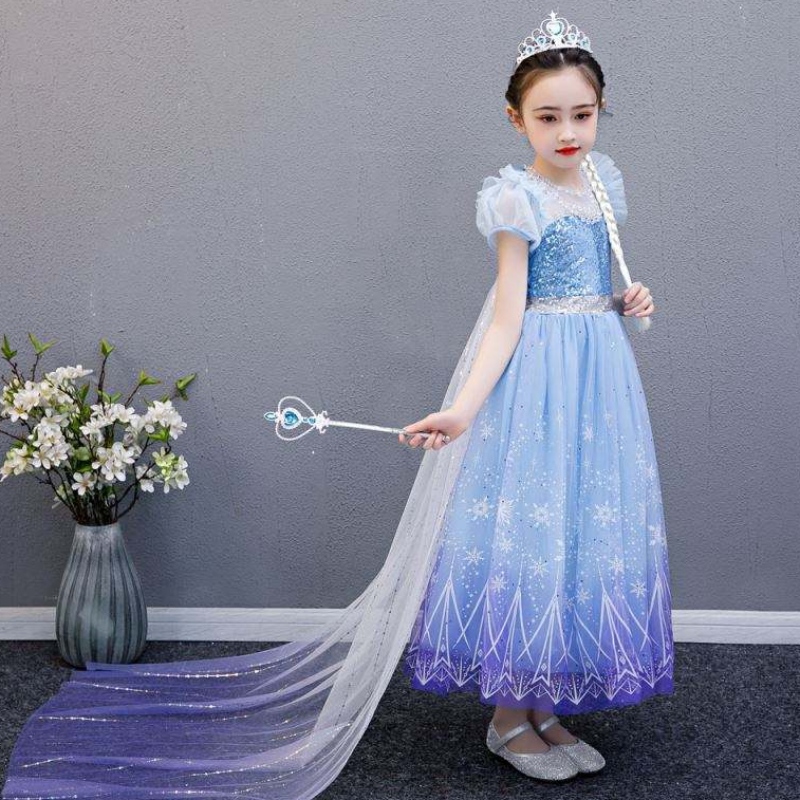 Baige 2021 Nová modrá Elsa Anna Girl Party Dress Cosplay Dresses Up Princess s ručně vyráběnýmnáhrdelníkem a dlouhým pláštěm