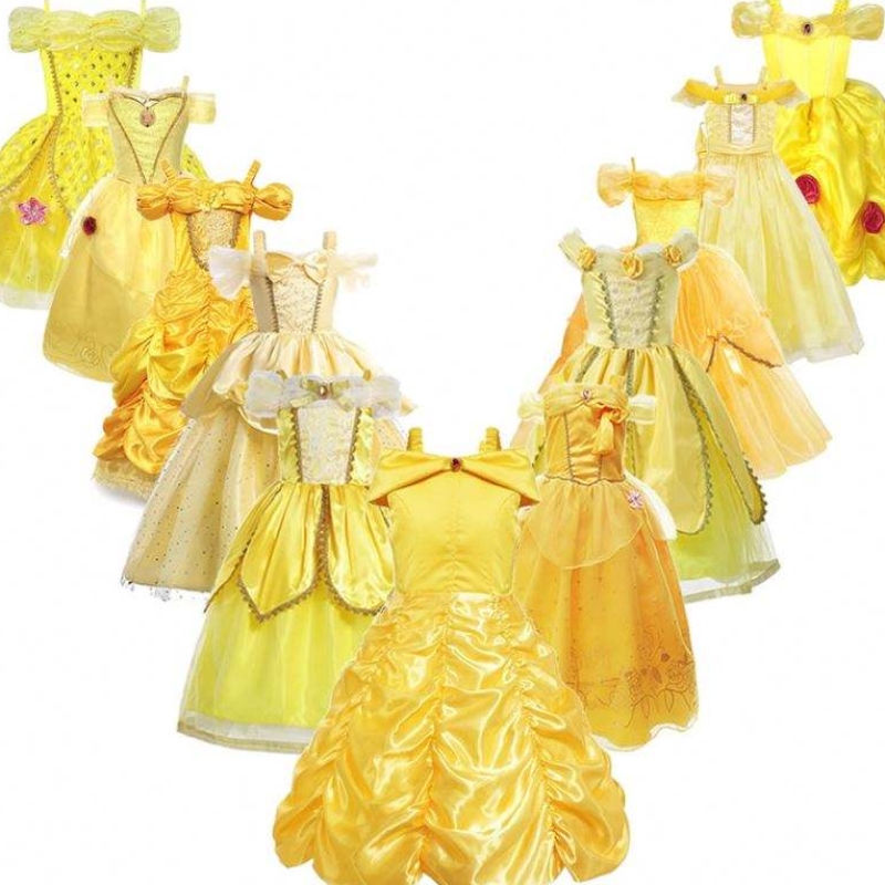 Dívky belle princezna šaty děti belle cosplay kostýmy holčička obléká sena frock žluté ozdobné šaty pro batole Halloween party