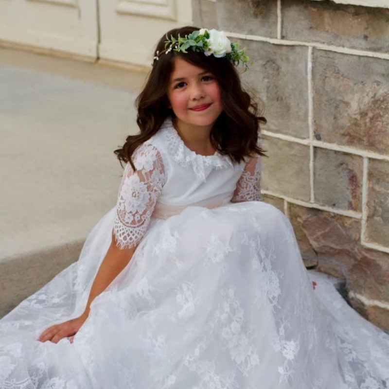 Dlouhé bílé šaty pro děti dívky Princezna Elegantní svatební hostové děti Družička Lace Dress Party Večerní šaty 3 6 14 let