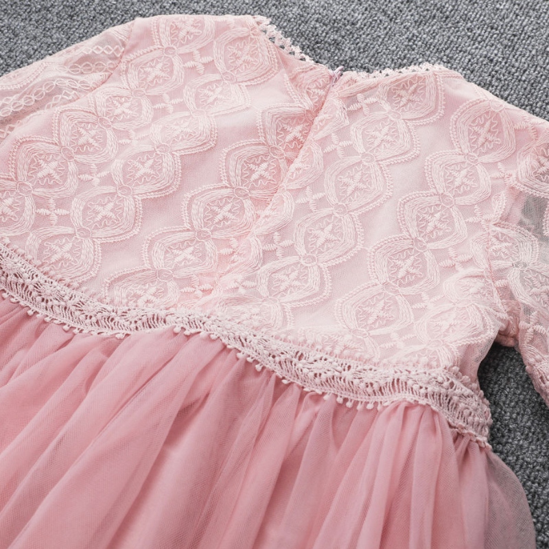 Malé dívky bílé růžové krajkové šaty dlouhé rukáv květiny dětské děti princezna Pageantnarozeninový párty šaty tulle vintage šaty 3 8 14 let