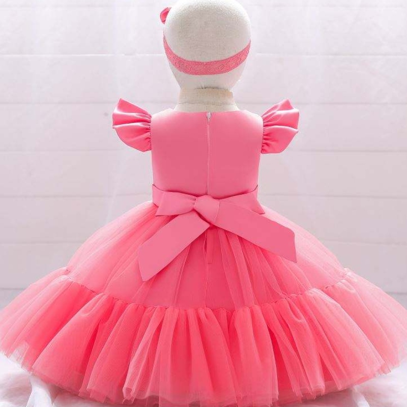 Baige Mesh Satin Princess Girls Narozeniny Šaty Krásná dívka party dívky Dress pro křest s čelenkou