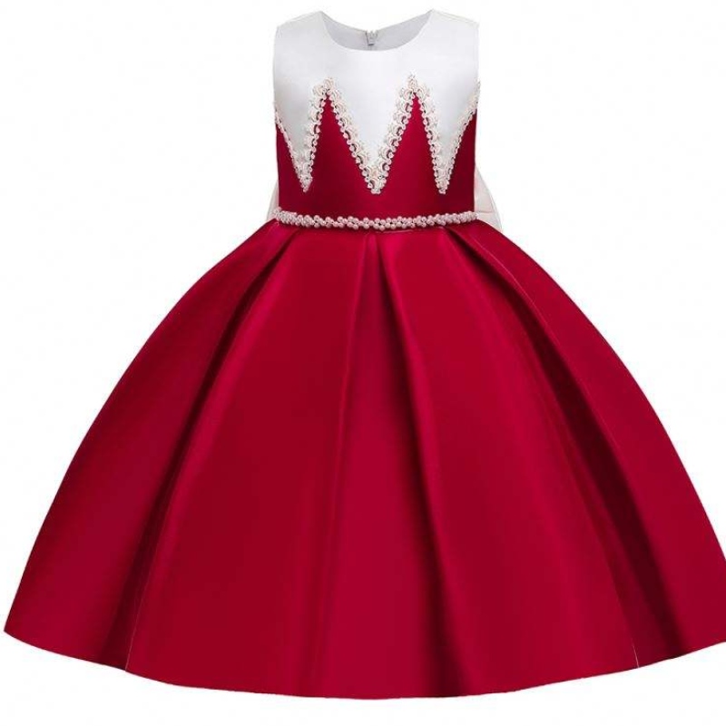 Baige saténový materiál velký luk uzel Červená barva Kids Bridesmaid Šatynarozeninové šaty pro dívky