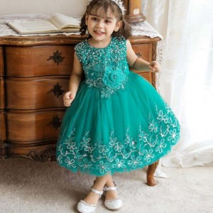 Baige Kids Fancy Empoidery Flower Dress 0-5 let staré holčičky děti Net Frock Design Stylové svatební párty pro děti