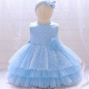 Baige Amazon Hot Sale Flower Girl Party Dress Kids Kids Narozeniny Celá měsíc Pohádkové šaty s čelenkou