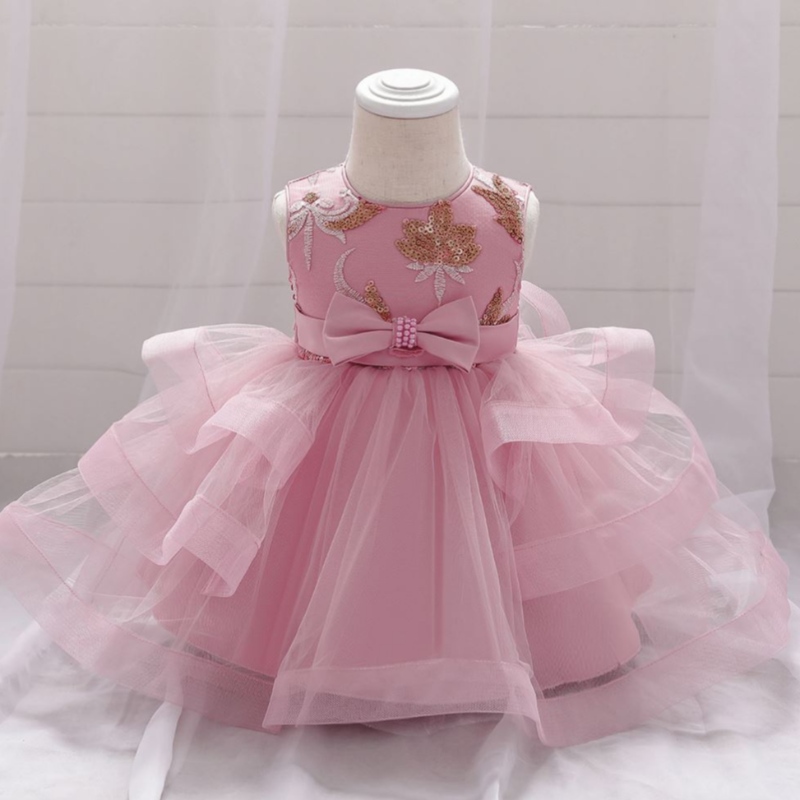 Baige Velkoobchodní vyšívání Pearl Bow Design Party Baby Girls Dress Narozeninové večírek děti frock l1929xz