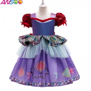 ANSOO Populárnínové Halloweenské dětské kostýmní mořské panny Bubble Sleeve Purple Princess Dress for Girls