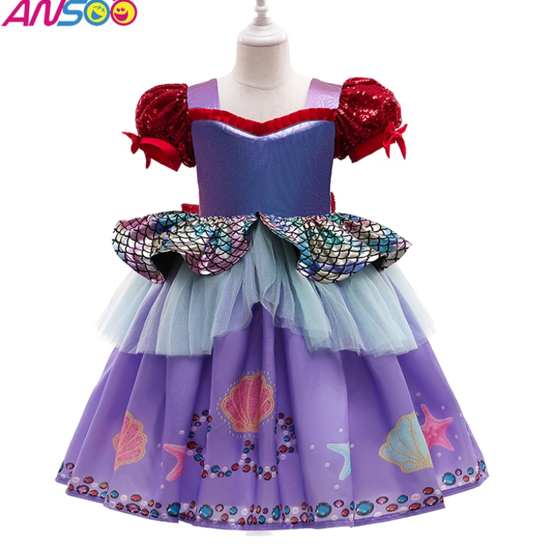 ANSOO Populárnínové Halloweenské dětské kostýmní mořské panny Bubble Sleeve Purple Princess Dress for Girls